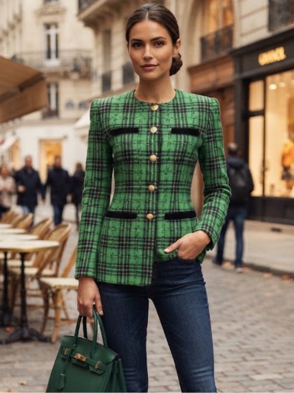 Vintage Liz Claiborne Green Plaid Wool Blazer Velvet Trim Gold Button Jacket 6